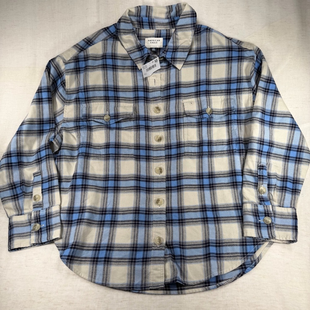 American Eagle Light Blue, Navy & White Plaid Button-Down Shirt